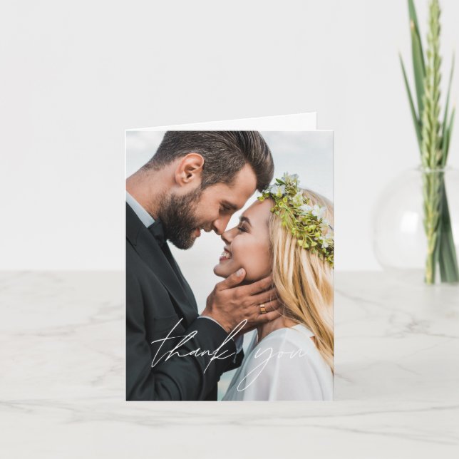 Elegant Script Photo Wedding Thank You Card (Front)