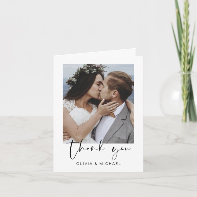 Elegant Script Photo Wedding Thank You Card (Front)