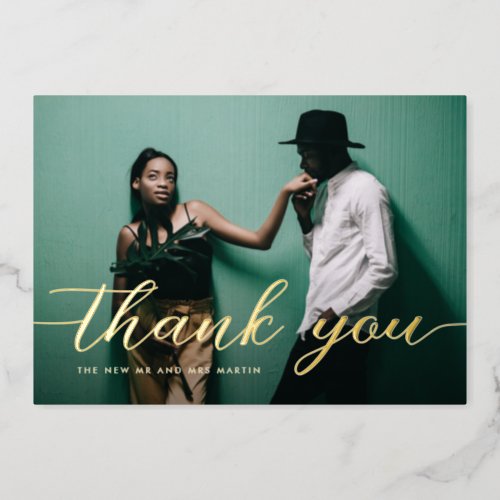 Elegant Script Photo Wedding Thank You Foil Holiday Card