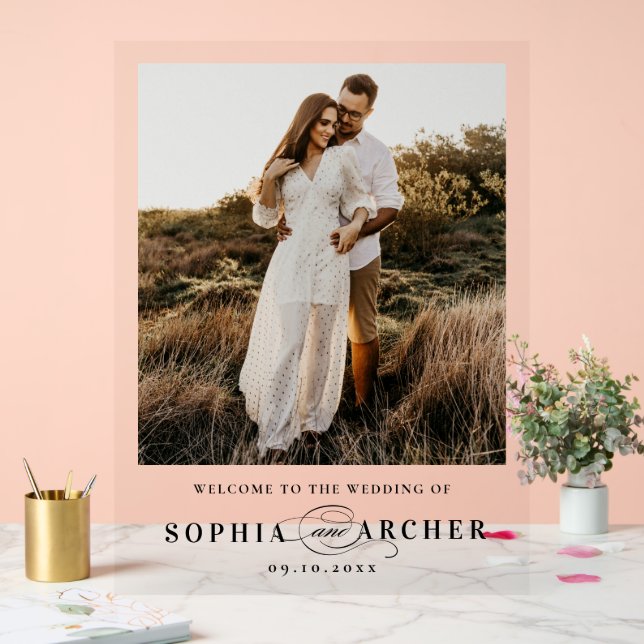 Elegant Script Photo Wedding Welcome Acrylic Sign (Wedding)