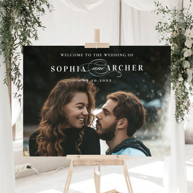 Elegant Script Photo Wedding Welcome Foam Board (An elegant photo wedding welcome sign with minimal typography overlay and script details.)