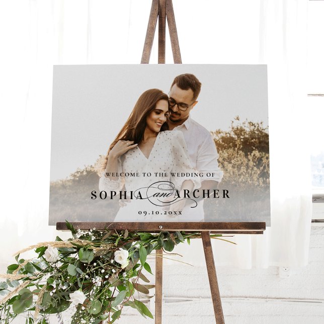 Elegant Script Photo Wedding Welcome Foam Board (An elegant typography simple photo wedding welcome sign with black overlay type and script.)