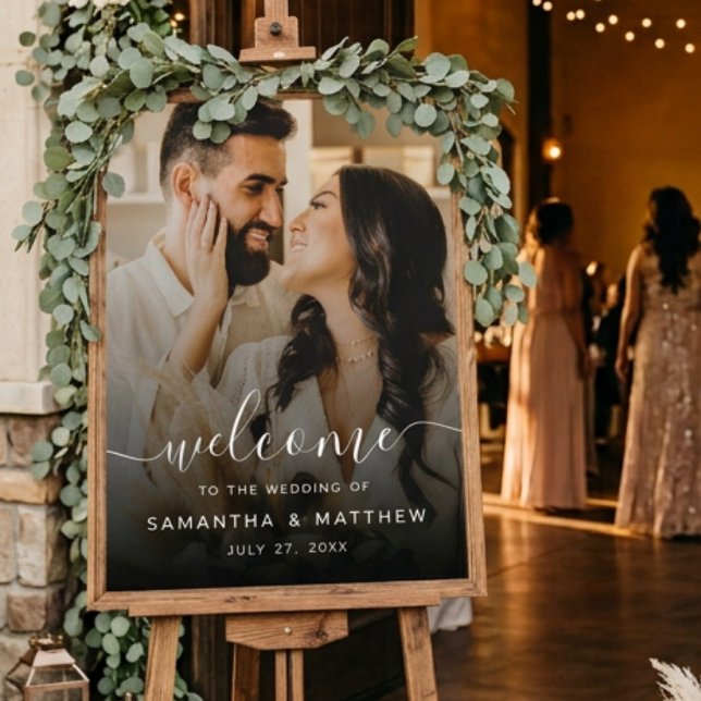 Elegant Script Photo Wedding Welcome Sign (Welcome wedding sign adorned with eucalyptus leaves)