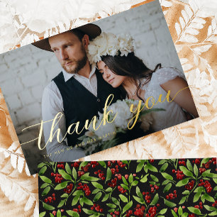 Elegant Script Photo Winter Wedding Thank You Foil Holiday Card