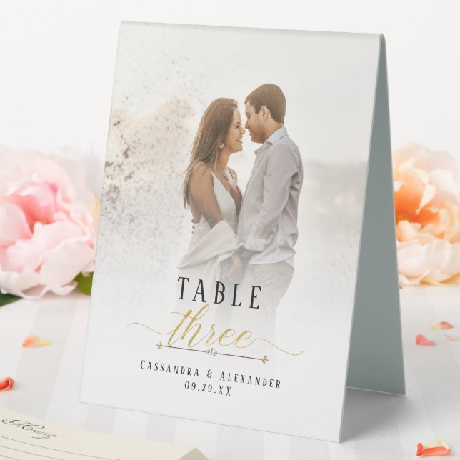 Elegant Script Photograph Gold Glitter Wedding Two Table Tent (In SItu (Wedding))