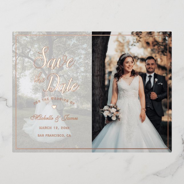 Elegant Script Picture Wedding Save The Date Foil Invitation Postcard (Front)