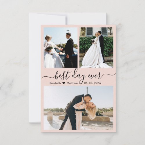 Elegant Script Pink 3 Photo Collage Wedding Thank You Card