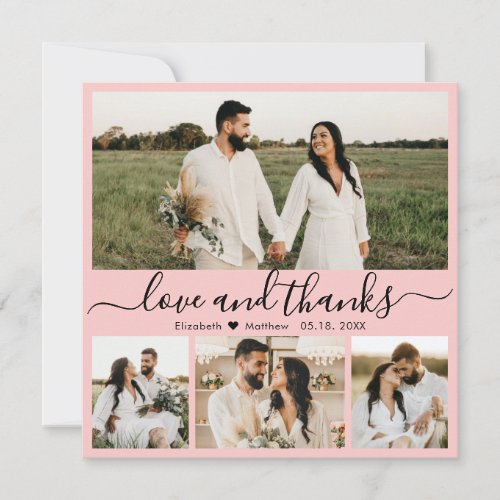 Elegant Script Pink 4 Photo Collage Wedding Thank You Card