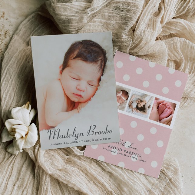 Elegant Script Pink Baby Girl Multi Photo Birth Announcement (Creator Uploaded)