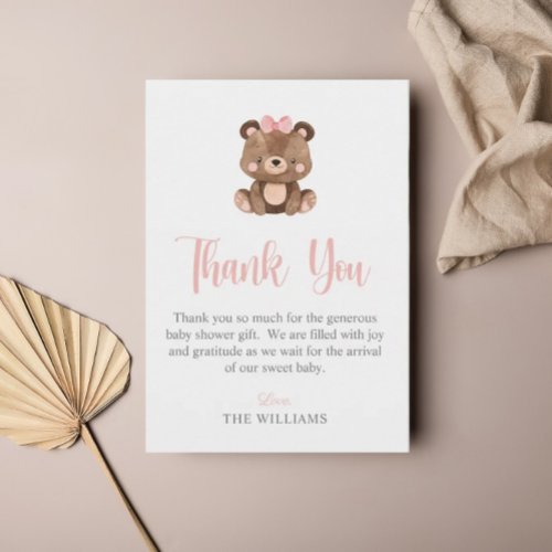 Elegant Script Pink Bear Baby Shower Thank You Card