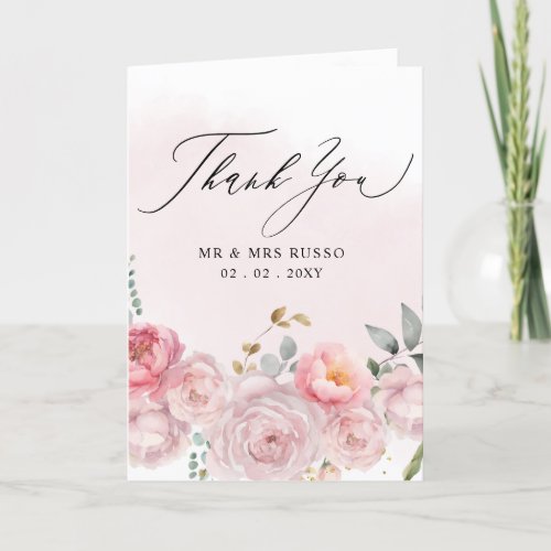 Elegant Script Pink Blush Floral Photo Thank You Card