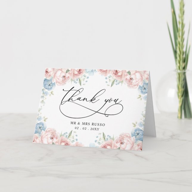 Elegant Script Pink Blush Floral Wedding  Letterpress Thank You Card (Front)
