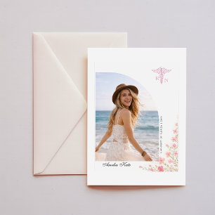 Elegant Script Pink Bow Photo RN Graduation Thank You Card