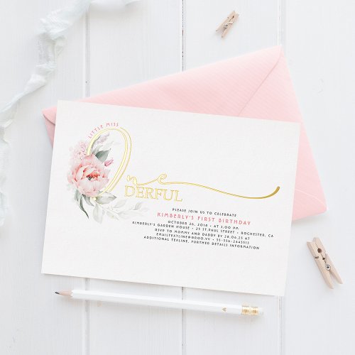 Elegant Script Pink Floral 1st Baby Girls Birthday Foil Invitation
