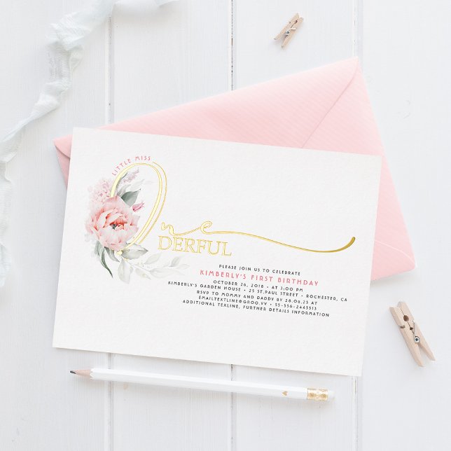 Elegant Script Pink Floral 1st Baby Girls Birthday Foil Invitation (Creator Uploaded)