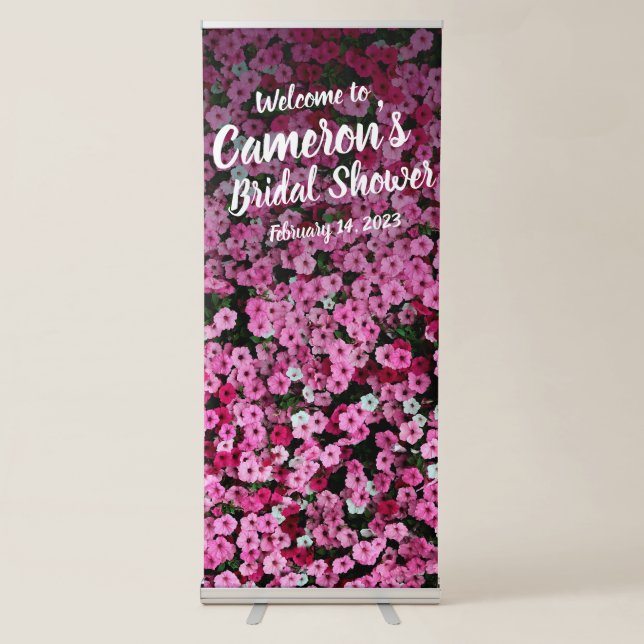 Elegant Script Pink Floral Bridal Shower Backdrop Retractable Banner (Front)