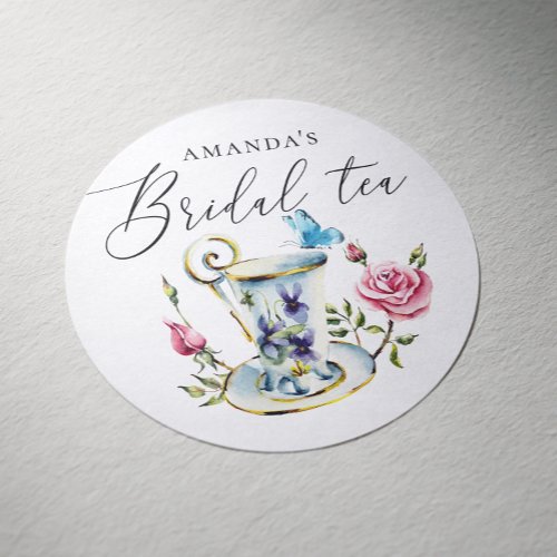 Elegant script pink floral Bridal Shower Tea party Classic Round Sticker