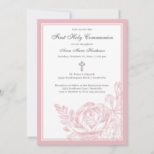 Elegant Script Pink Floral First Holy Communion Invitation