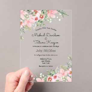 elegant script pink floral minimalist wedding acrylic invitations