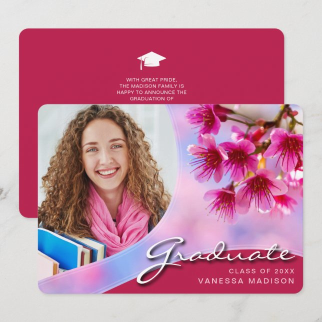 Elegant Script Pink Flowers | Modern Photo Grad Announcement (Front/Back)