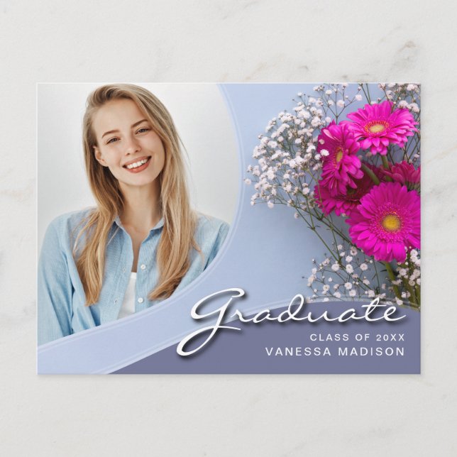 Elegant Script Pink Flowers | Modern Photo Grad Postcard (Front)
