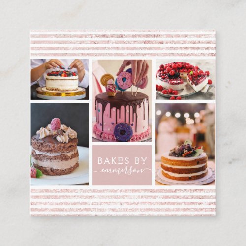 Elegant Script Pink Glitter Photo Collage Bakery Square Business Card