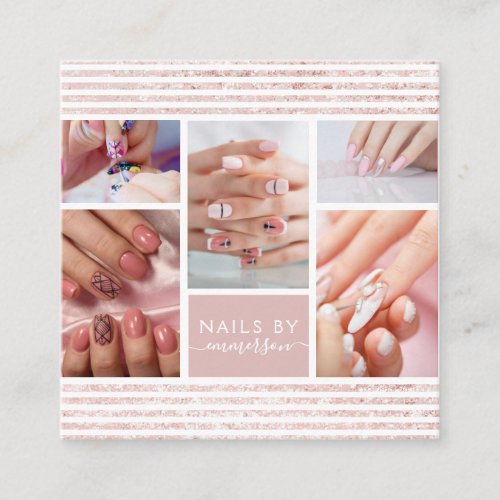 Elegant Script Pink Glitter Photo Collage Nail Art Square Business Card