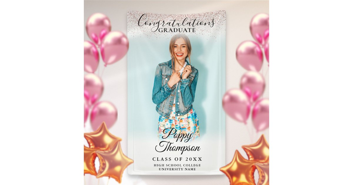 Elegant Script Pink Glitter Photo Graduation Banner | Zazzle