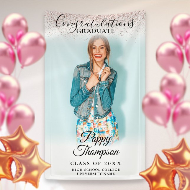 Elegant Script Pink Glitter Photo Graduation  Banner (Creator Uploaded)