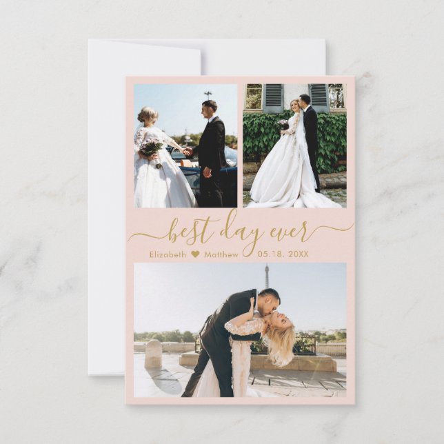 Elegant Script Pink Gold 3 Photo Collage Wedding Thank You Card (Front)