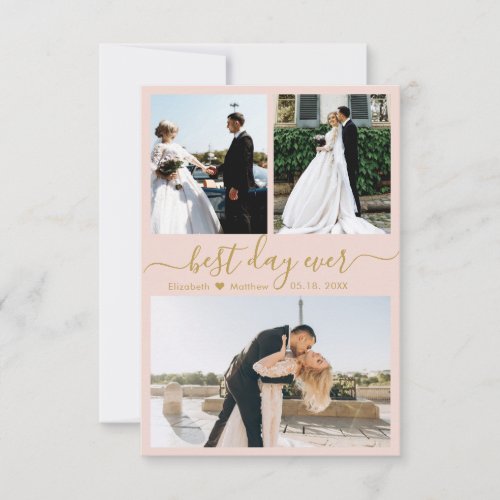 Elegant Script Pink Gold 3 Photo Collage Wedding Thank You Card