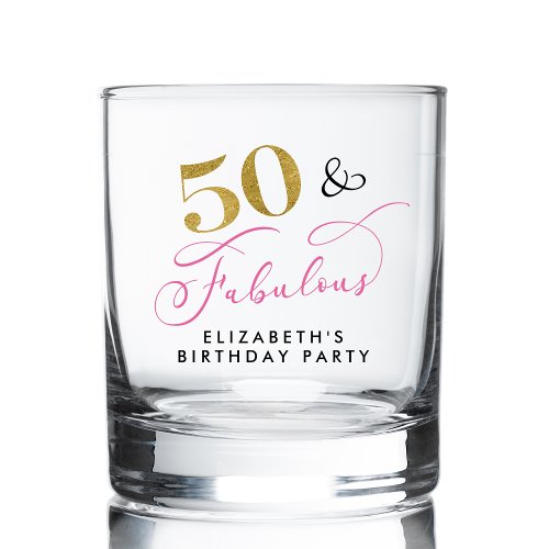 Elegant Script Pink Gold 50th Birthday Party Whiskey Glass