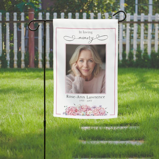 Elegant Script Pink Hydrangea Tribute Remebrance Garden Flag (Creator Uploaded)
