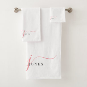 Elegant Script Pink Monogram Initials Name  Bath Towel Set