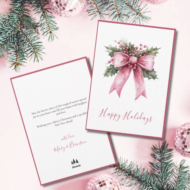 Elegant Script Pink Non Photo Watercolor Christmas Holiday Card (Happy Holidays Non Photo Christmas Card)