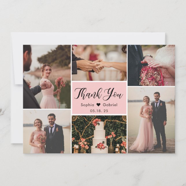 Elegant Script Pink Wedding Multi Photo Collage  T Thank You Card (Front)