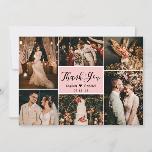 Elegant Script Pink Wedding Multi Photo Collage  Thank You Card