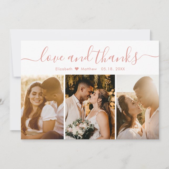 Elegant Script Pink White 3 Photo Collage Wedding Thank You Card (Front)