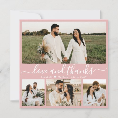 Elegant Script Pink White 4 Photo Collage Wedding Thank You Card