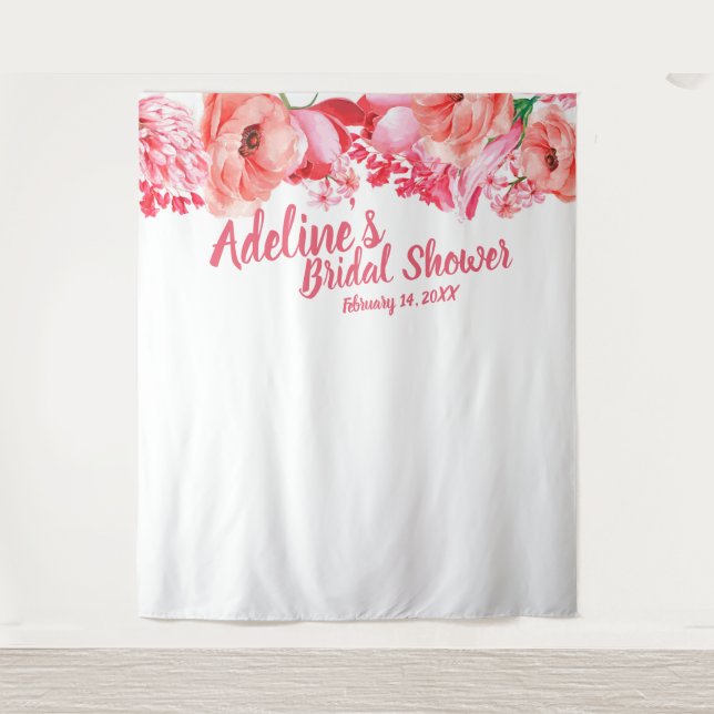 Elegant Script PinkWatercolor Floral Bridal Shower Tapestry (Front)
