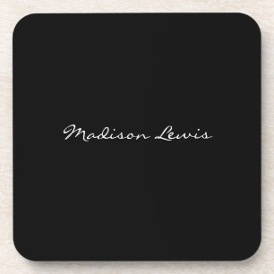 Elegant Script Plain Black Name Calligraphy Beverage Coaster
