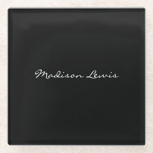 Elegant Script Plain Black Name Calligraphy  Glass Coaster