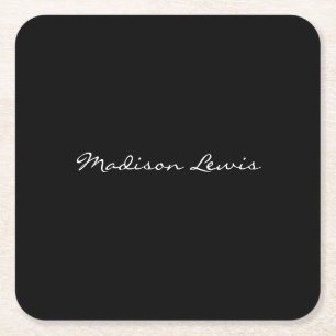 Elegant Script Plain Black Name Calligraphy Square Paper Coaster