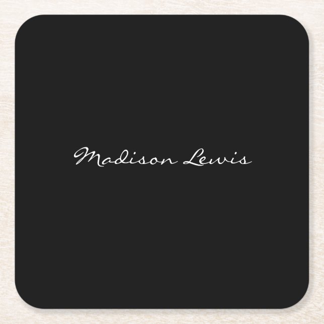 Elegant Script Plain Black Name Calligraphy  Square Paper Coaster (Front)