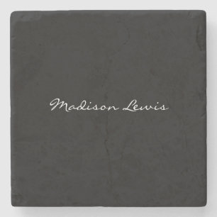 Elegant Script Plain Black Name Calligraphy Stone Coaster