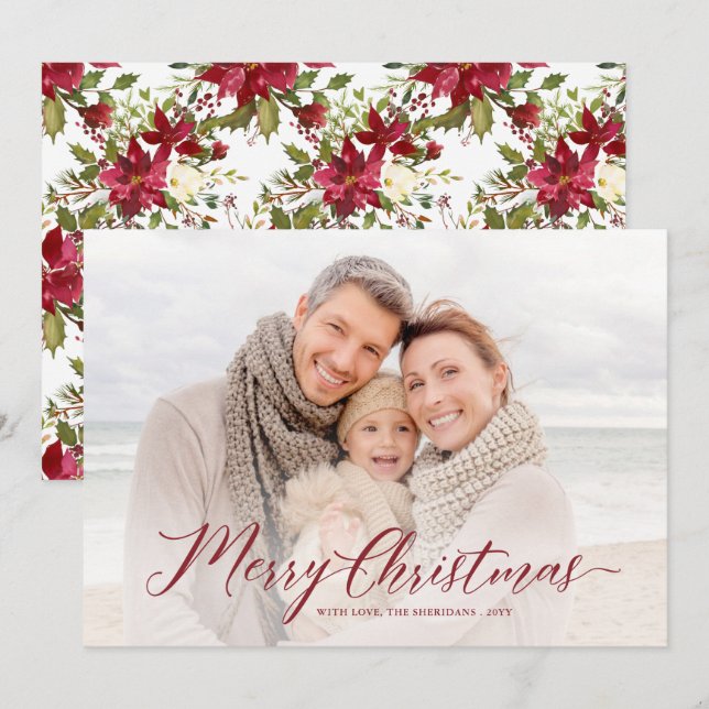 Elegant Script Poinsettias | Christmas Full Photo Holiday Card (Front/Back)