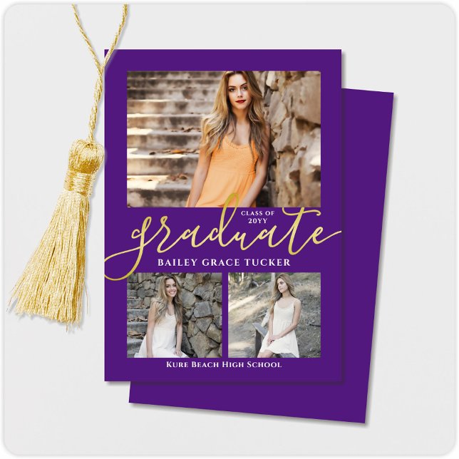 Elegant Script Purple 3-Photo Collage Graduation Announcement (Creator Uploaded)
