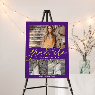 Elegant Script Purple 3-Photo Graduation Party Foam Board