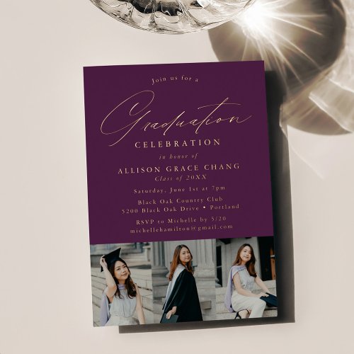 Elegant Script Purple 3 Photo Graduation Party Foil Invitation