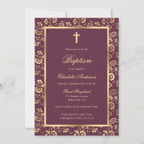 Elegant Script Purple and Gold Floral Girl Baptism Invitation